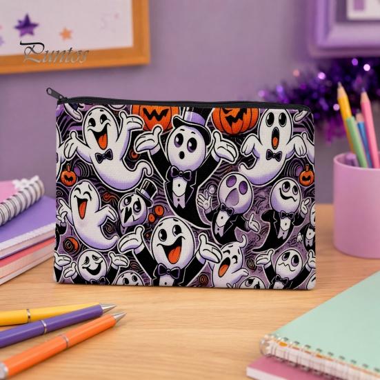 Wear-resistant Canvas Pouch Halloween Storage Bag, with Colorful Cartoon Ghost Print, Durable Travel Bag Makeup Zipper Large Capacity Lightweight