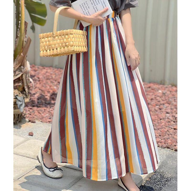 Spring and Summer New Arrival Women's Clothing Stripes Long Skirt A- Line Large Hem Long Skirt Elastic Waist Loose Slimming Stripes Stripes Skirt