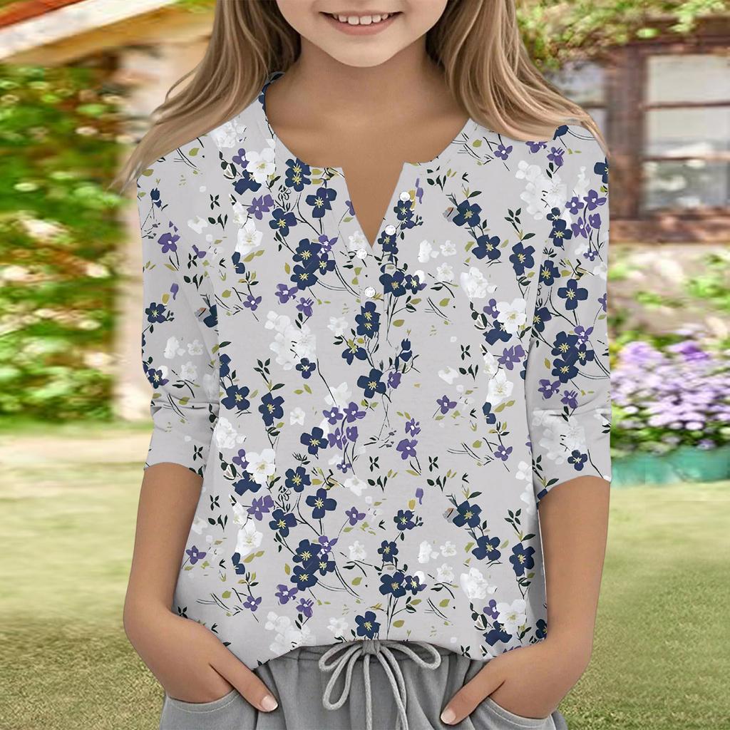 Print Tops For Youth Girls V Neck Button 3/4 Sleeves T-Shirts Trendy Tops Outfit Tees