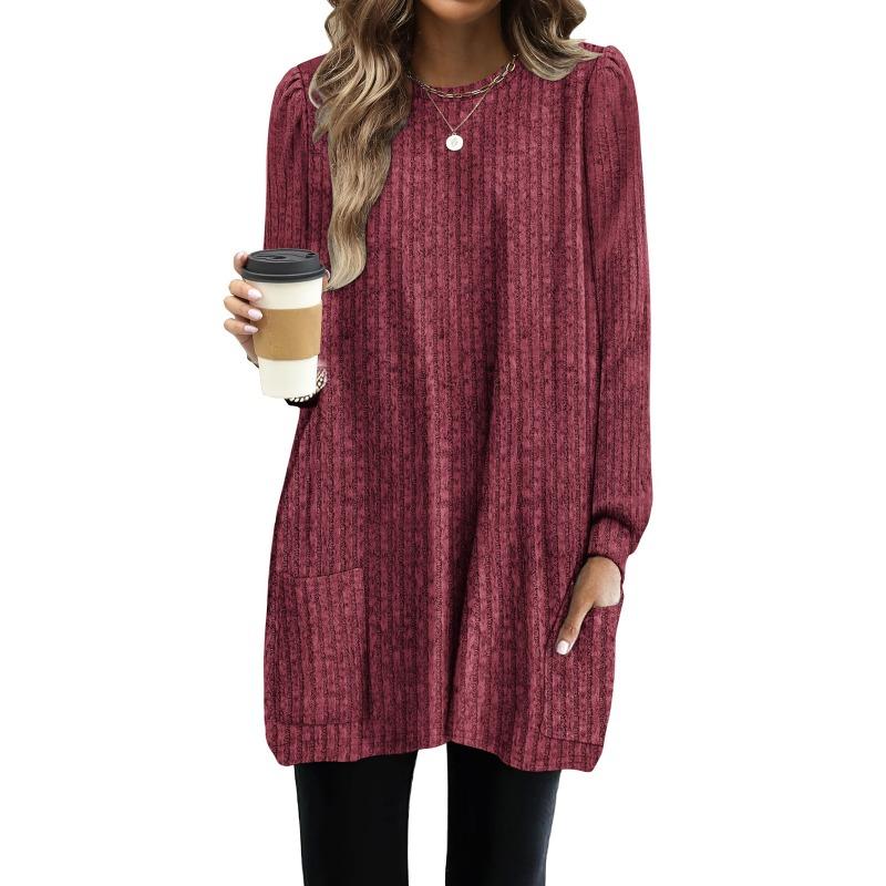Fashion Women Knit Long T-shirts Women Loose Fit Long Sleeve Pockets Pullover Sweater Casual Autumn Winter Solid Color Chunky Knit Top