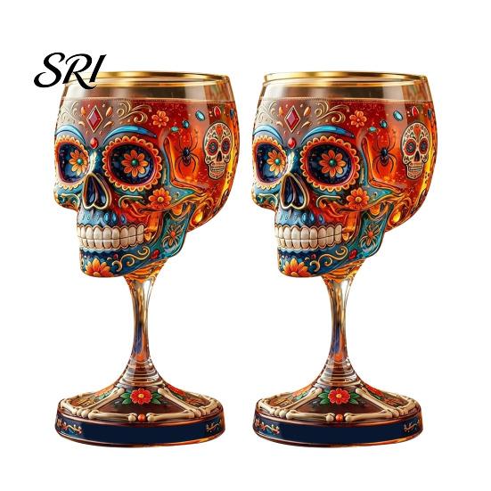 Skeleton Themed Wine Glass Gothic Skull Glass, Hand Painted Goblet, Day Art Glassware of The Dead Decor, Unique Bar Gift for Halloween Altar Accessory