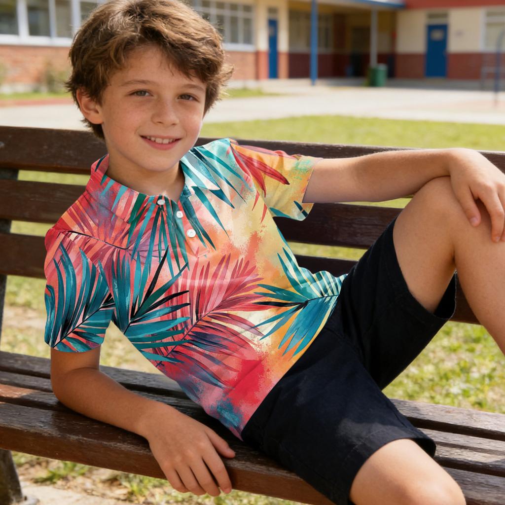 Kids Polo Shirt Quick Dry Short Sleeve Tropical Leaf Print Button Down Collar Lightweight Breathable Summer Tee for Boys Girls