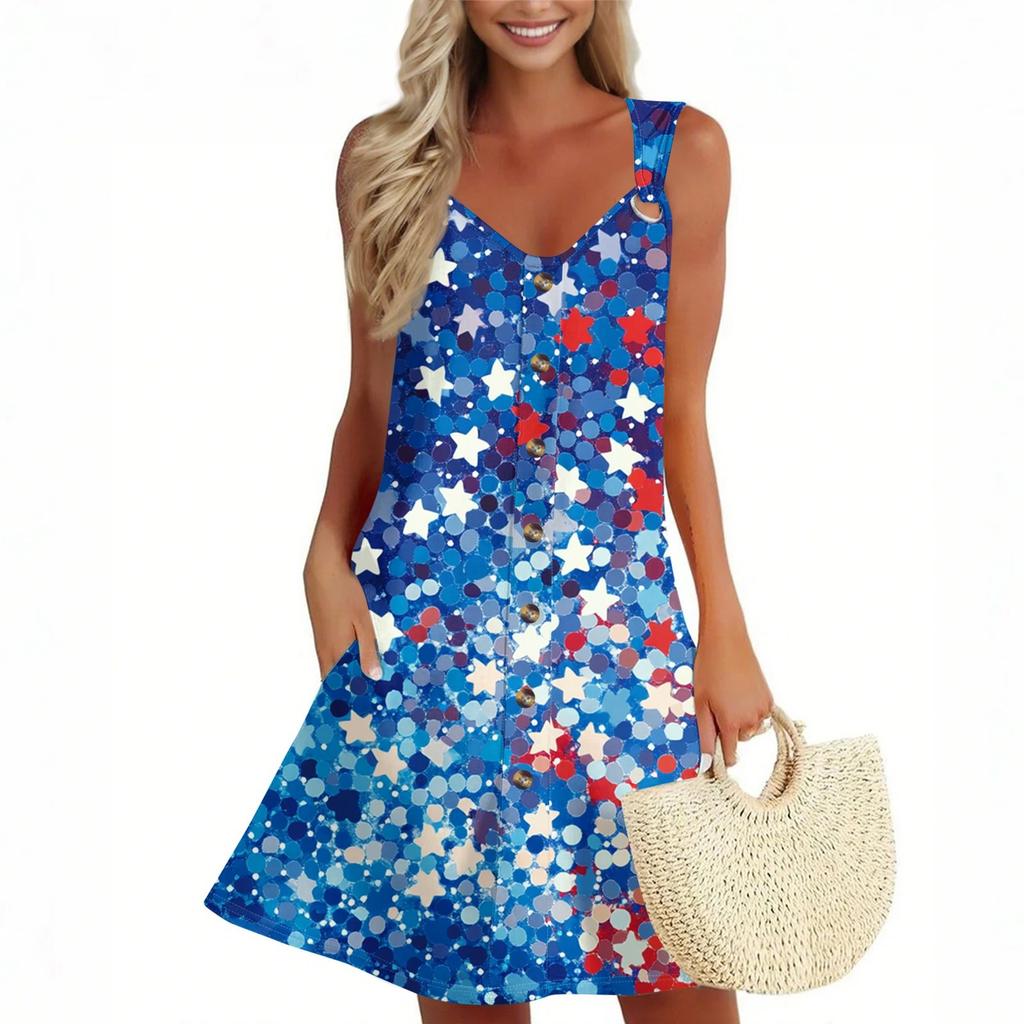 Women's Summer Dress Sleeveless Independence Day Print Sundress With Pocket