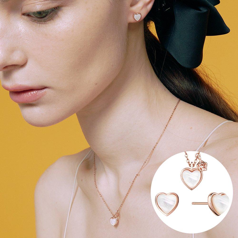 [Rosemont] Silver Mother-of-Pearl Heart Earrings and Necklace Set Rc24B04J Set