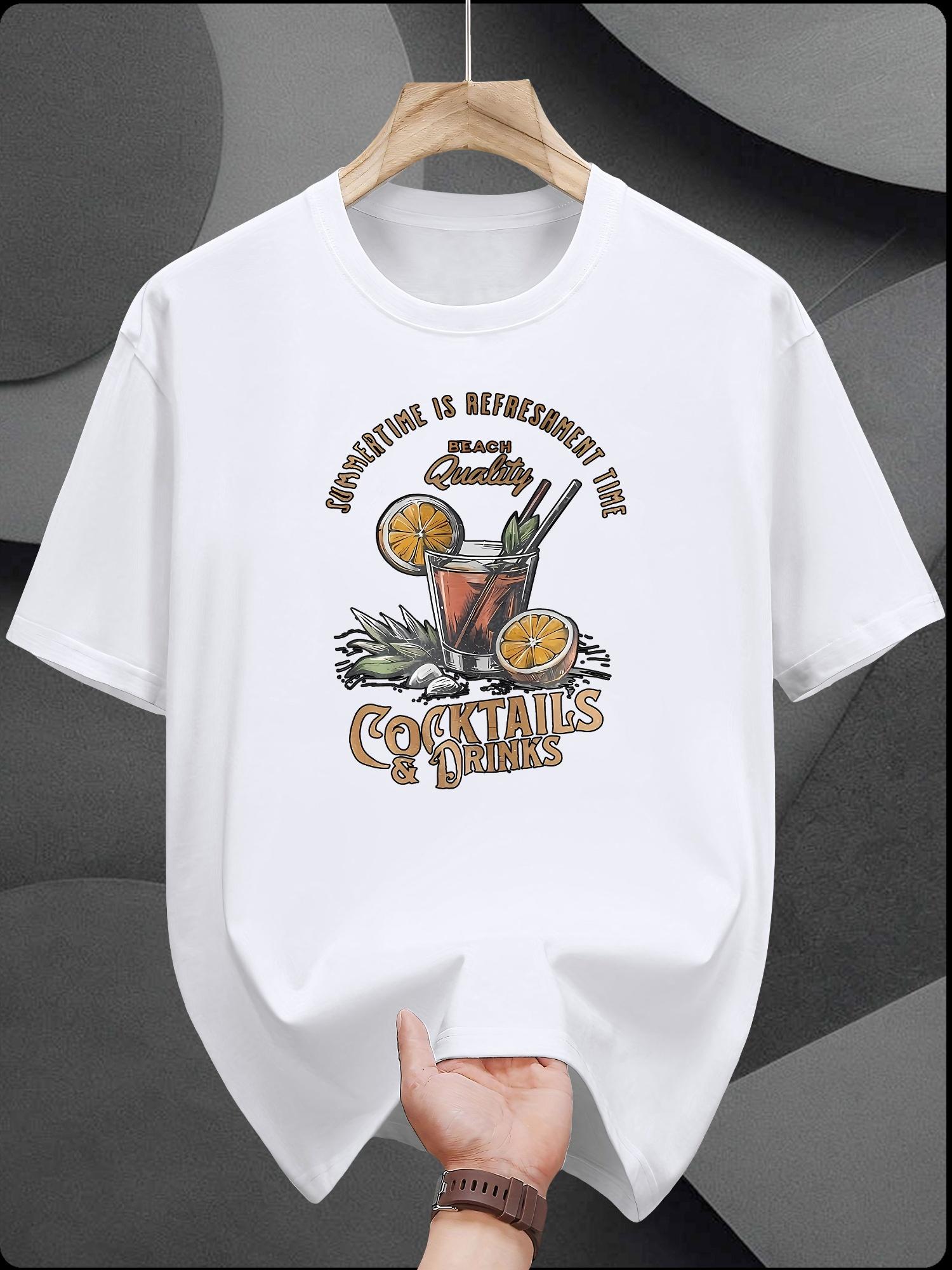 Casual Summer T-shirt - Crew Neck Short Sleeve Tee with Time is Refreshing the Cocktails Print XXXL