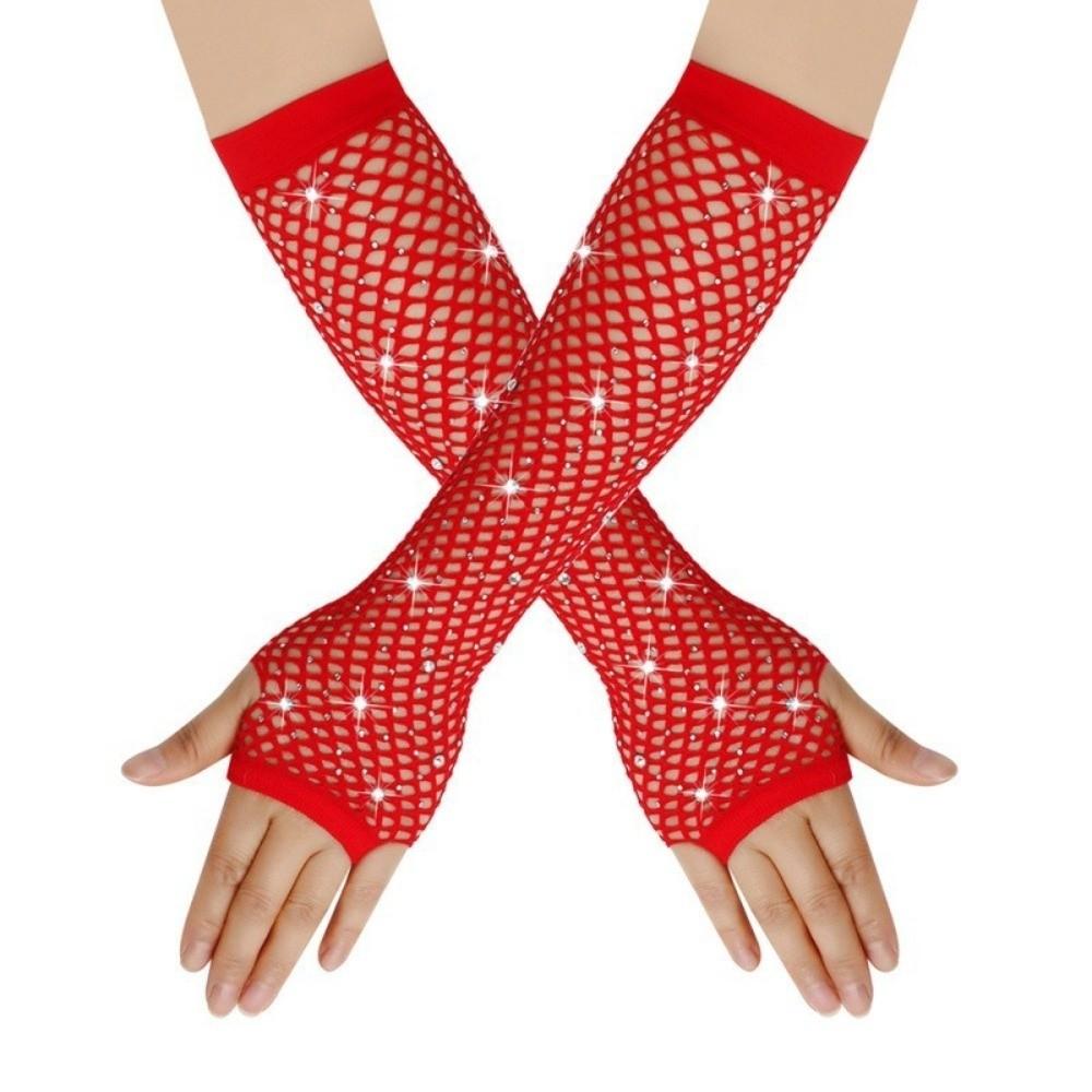 Elastic Rhinestone Gloves Shiny Mesh Lace Gloves Short Fishnet Fingerless Gloves Fashion Accessory