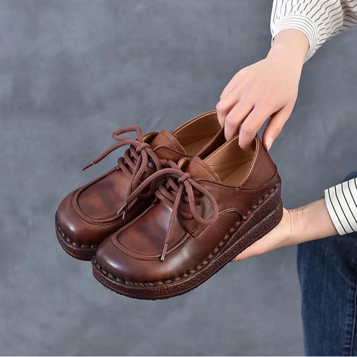 Johnature Genuine Leather Wedges Shoes Versatile Comfortable Soft Soled Lace-up Four Seasons Shoes