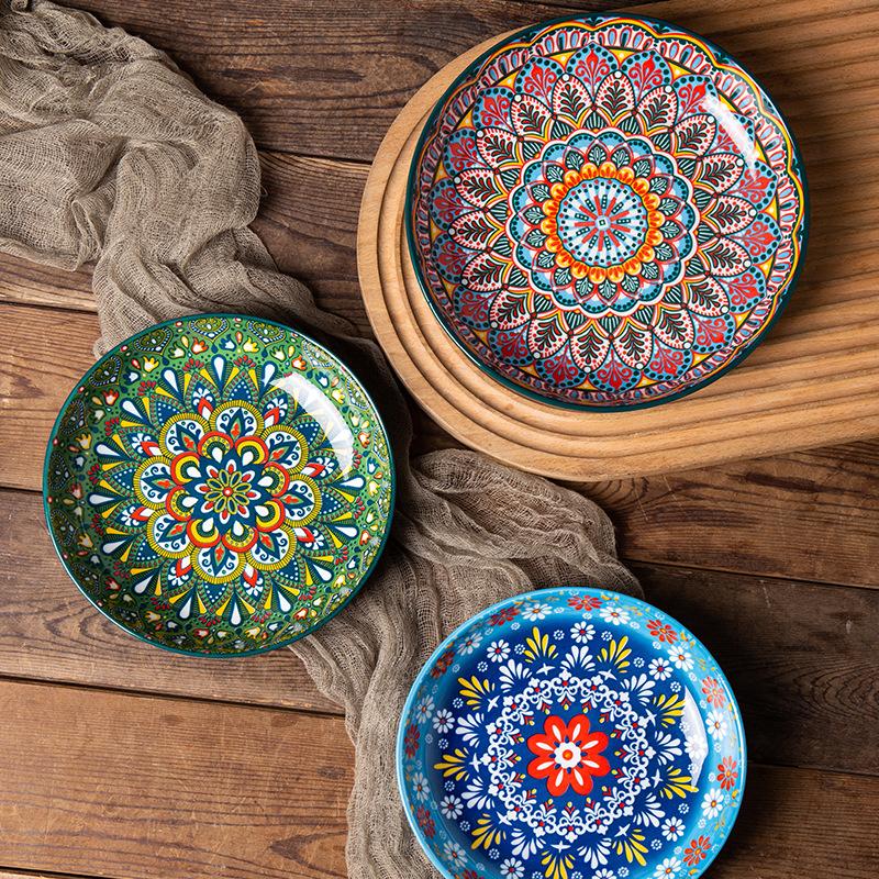 Bohemian Hand Painted Ceramic Plate 7/8 Inch, Colorful Mandala Porcelain Dinner Plate, Vintage Decorative Serving Dishes for Kitchen Dining Home Decor