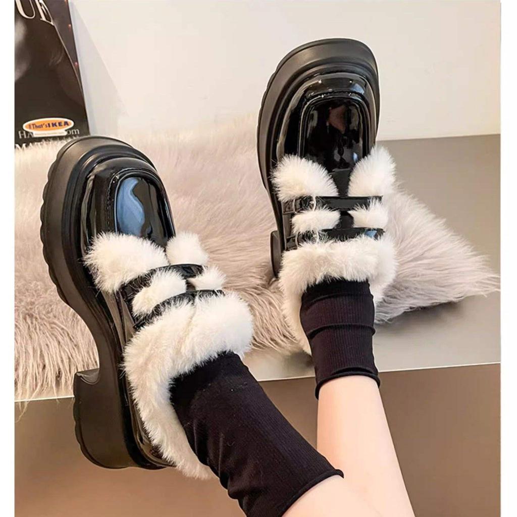 Mary Jane Small Leather Shoes, Plush Thick Heels, High Heels for Women, Autumn and Winter 2025, Fluffy Shoes, Platform Loafers for Women, Heigh