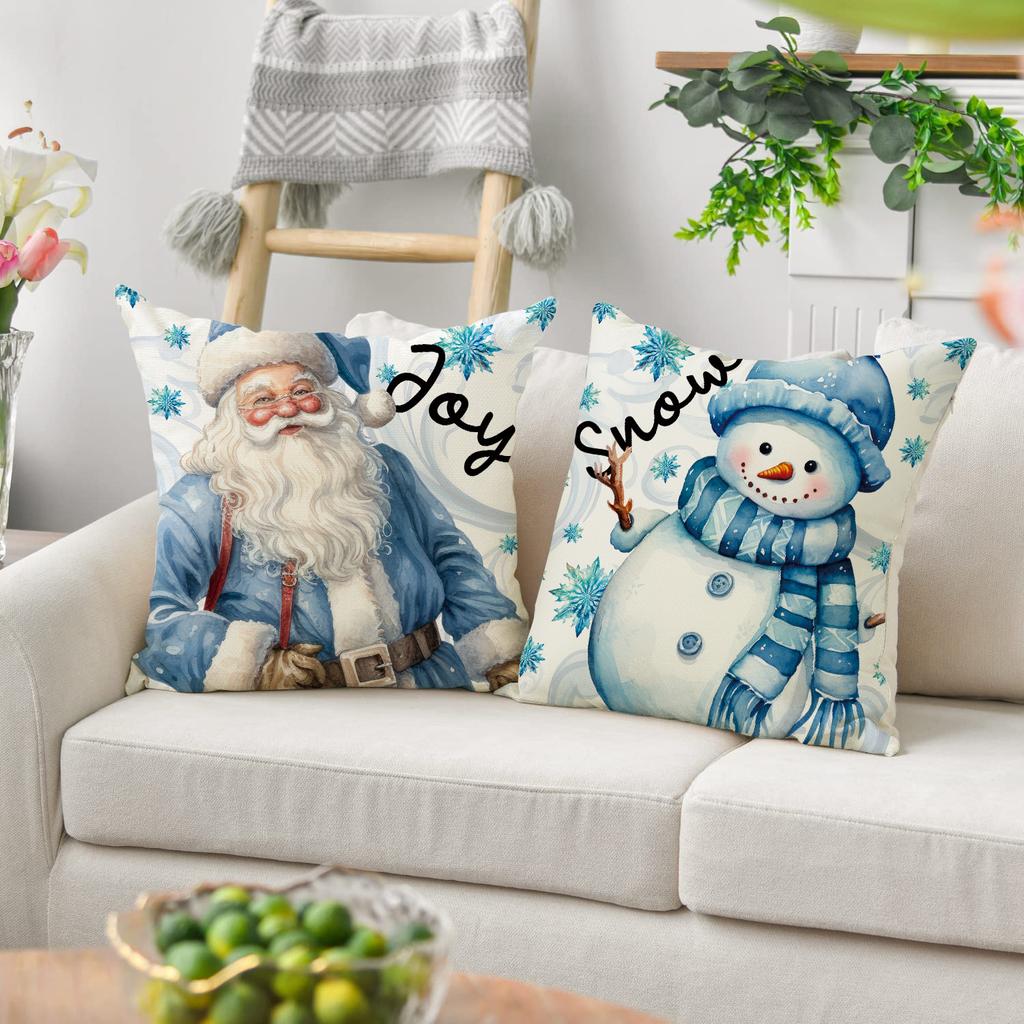 Winter Blue Christmas Pillowcase Cartoon Santa Claus Snowman Bell Xmas Ball Sofa Ornament Merry Christmas Sofa Car Cushion Cover