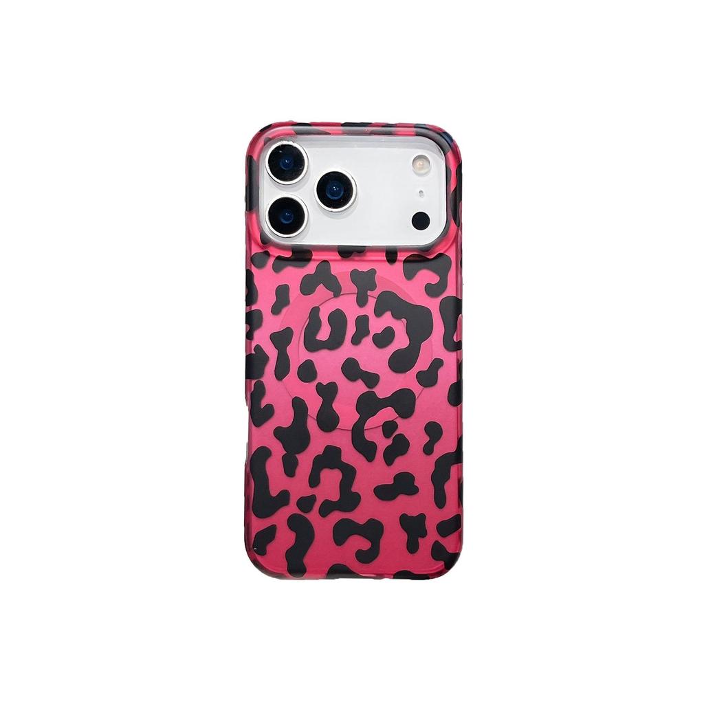 European Style Black Pink Leopard Print Magnetic Buckle Case for iPhone 17 Pro Max & Apple 16, Compatible with iPhone 14/15.