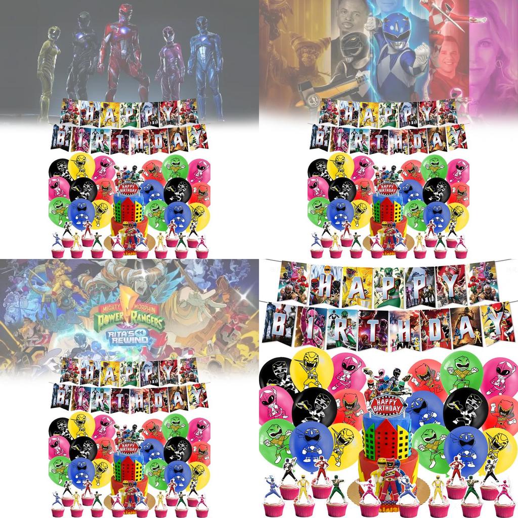 Mighty Morphin Power Rangers Party Banners Balloons And Spiral Cake Picks For Children Birthday Festivities