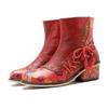 Vintage Rote Schuhe Handgefertigte kurze Damenstiefel aus echtem Leder mit Splice-Print zum Schnüren
