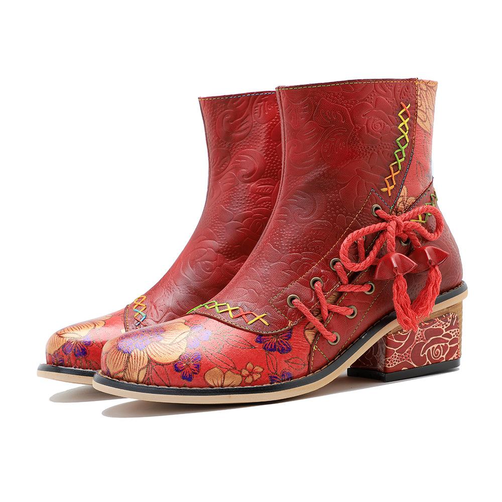 Johnature Vintage Rote Schuhe Handgefertigte kurze Damenstiefel aus echtem Leder mit Splice-Print zum Schnüren