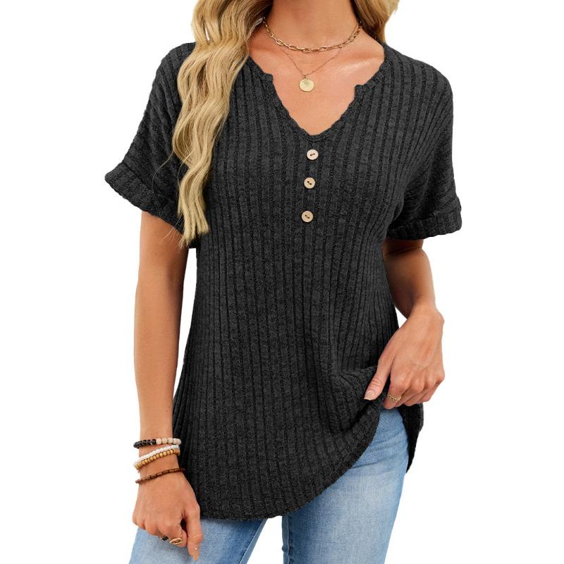 Women s V-Neck Button Detail Ribbed Knit Short Sleeve Top S чёрный