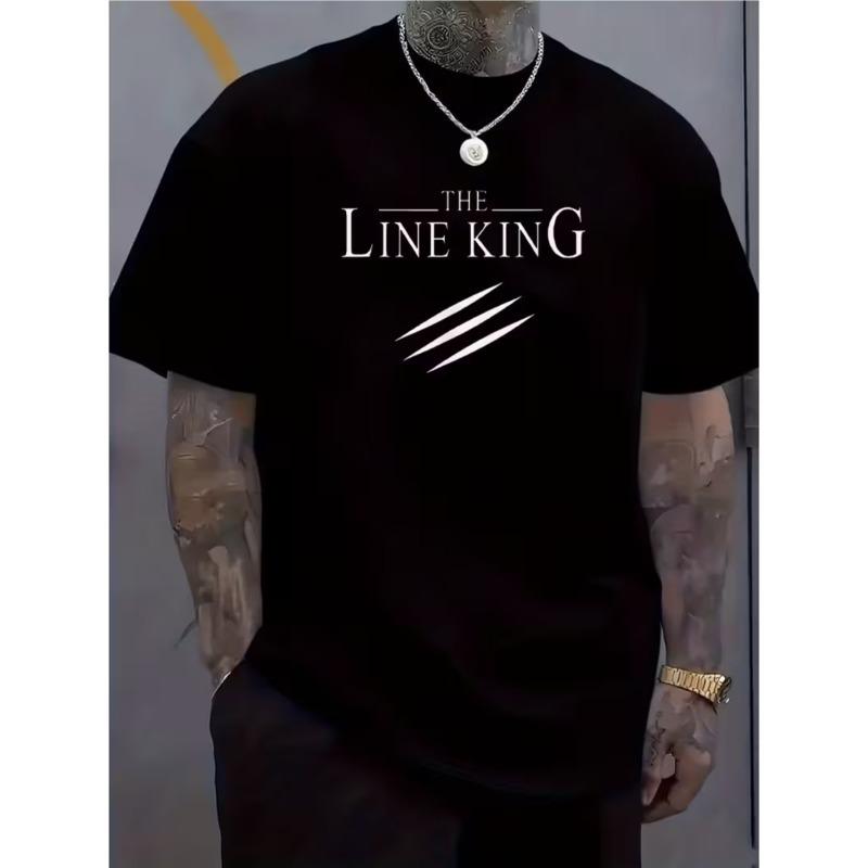 Pánské tričko The LINE KING s grafikou, Evropská velikost, Kulatý výstřih s výrazným bílým potiskem, Vhodné pro běh, večírky a běžné nošení