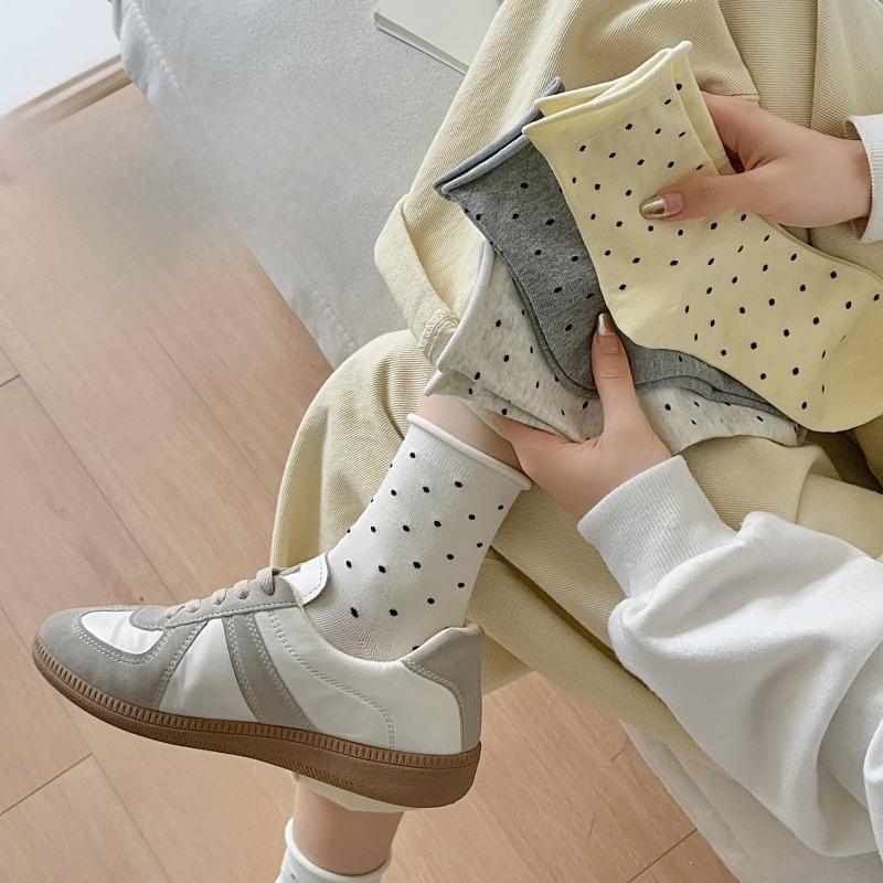 4 Pairs of Mid-calf Polka Dot Rolled Summer Cotton Socks, Sweat-absorbing, Odor-proof, Versatile and Simple Student Thigh-high Socks