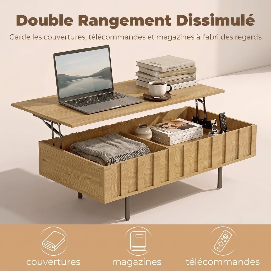 Extendable Coffee Table with 2 Hidden and Fluted Side Compartments, Mid-Century Modern Style, 110x55x36.5cm, Oak