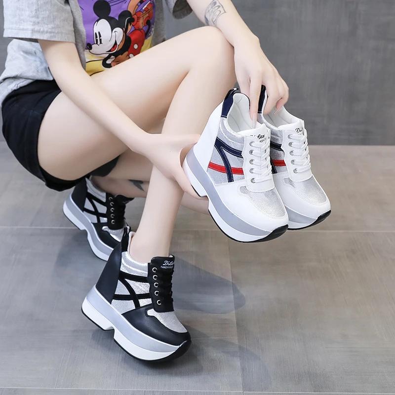 Fashion Autumn Women High Platform Shoes Height Increasing Casual Shoes 12 CM Thick Sole Trainers Breathable Shoes Women Sneakers
