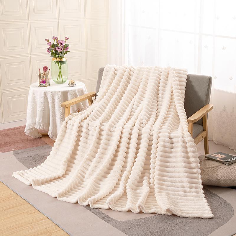 350g Rabbit Fur Stripe Flannel Coral Fleece Nap Blanket