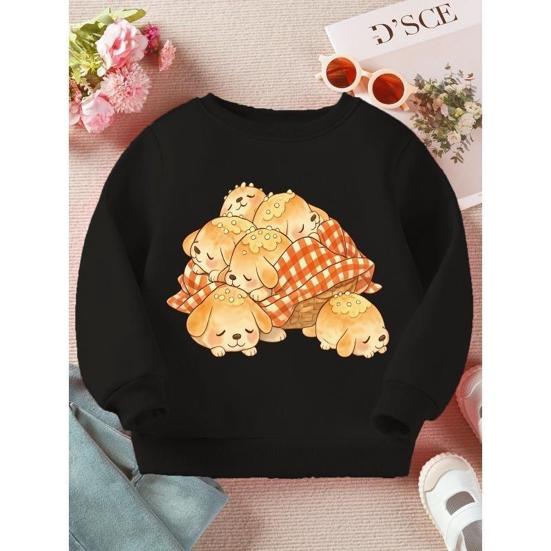 European sizes Girl's Round Neck Sweatshirt, Cartoon Puppy Print, Cute Sweet Loose Fit, Children's Casual Sweatshirt