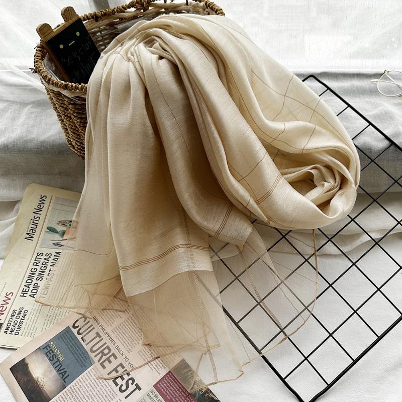 New Checkered Silk Scarf for Women, Solid Color Sunscreen Shawl Gold Thread Mulberry Silk Scarf for Women