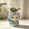 Cute Girl Planter for Indoor Plants Planter, Blue Hair Garland Head Decorative Plant Pot Bedroom Resin Succulents Cacti Creative Flower Container