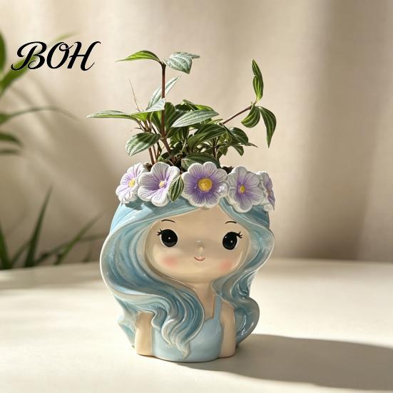 Cute Girl Planter for Indoor Plants Planter, Blue Hair Garland Head Decorative Plant Pot Bedroom Resin Succulents Cacti Creative Flower Container