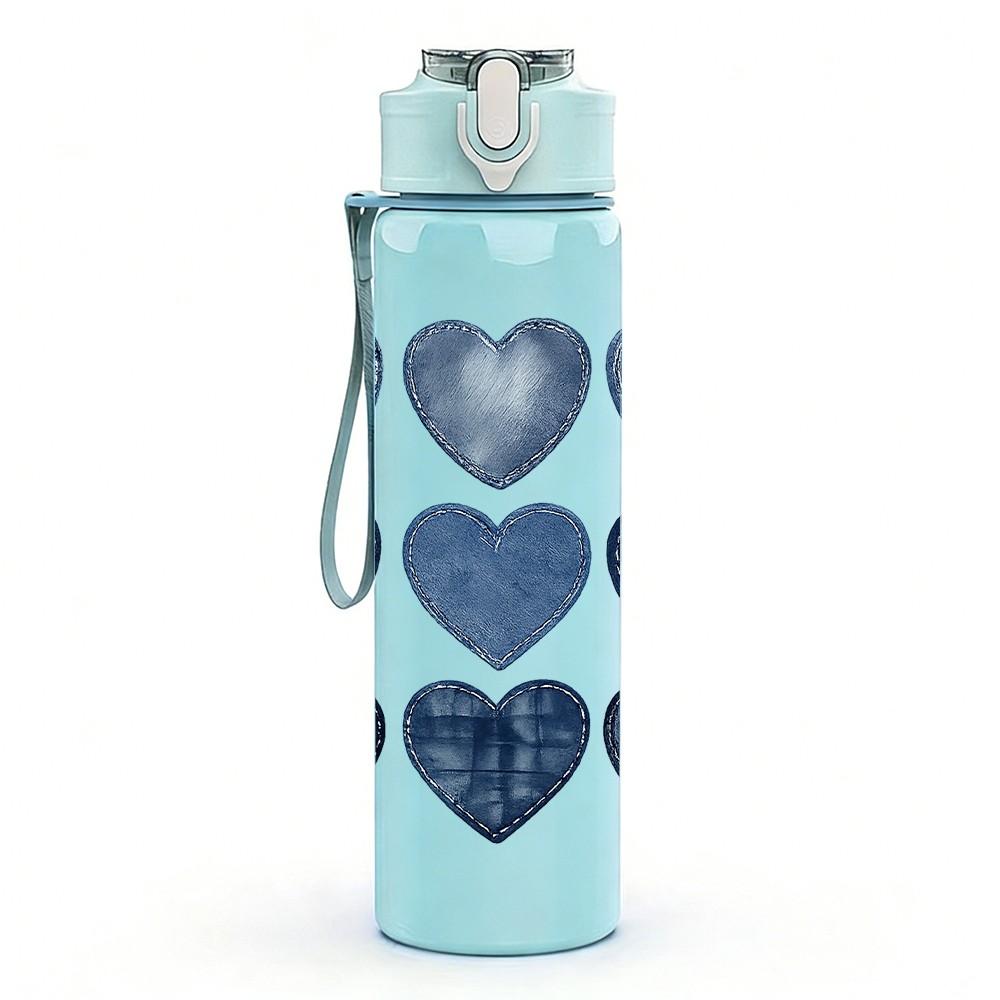 1PC Stacked Multi Shade Blue Heart Print 750ml Color Plastic Sports Water Bottle Leakproof Flip Straw Lid Suitable for Sports Office Home Use