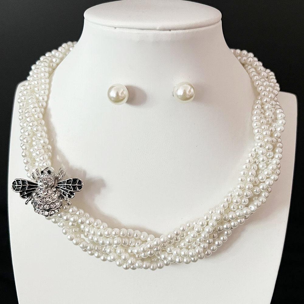 French diamond-encrusted woven glass pearl necklace DIY bee versatile collarbone chain fashion temperament small fragrant style jewelry