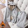 Women's Casual Sports Suit: Zipper Solid Color Hooded Jacket with Plus Velvet, Korean Style, Large Size, for Autumn and Winter.