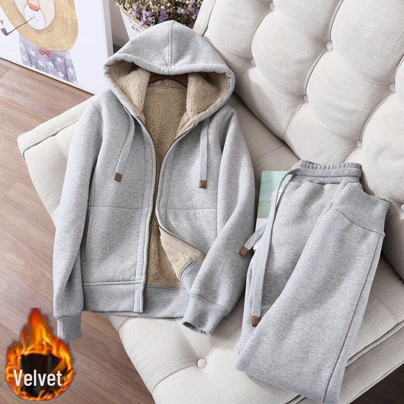 Women's Casual Sports Suit: Zipper Solid Color Hooded Jacket with Plus Velvet, Korean Style, Large Size, for Autumn and Winter.