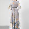 Summer Women Vintage Print Flower Loose Maxi Party Dresses with Belt