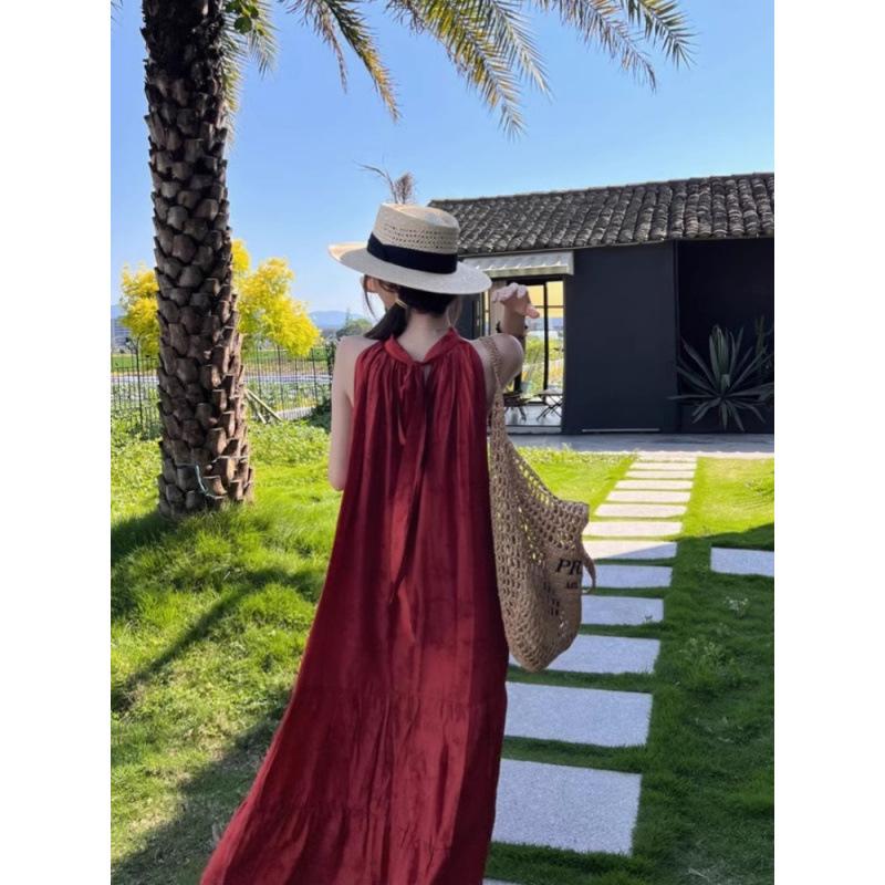 New Chinese Retro National Style Jacquard Red Neck Dress Women's Summer Seaside Vacation Temperament Big Pendulum Long Skirt