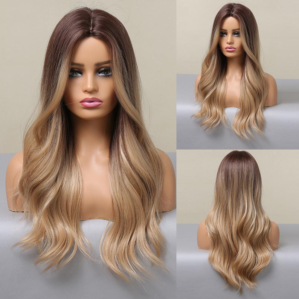 HENRY MARGU Blond Platinový Ombre Hnědý Syntetický Paruka pro Ženy Dlouhá Vlnitá Přirozená Paruka Cosplay Paruka s Cestičkou Uprostřed Žáruvzdorná