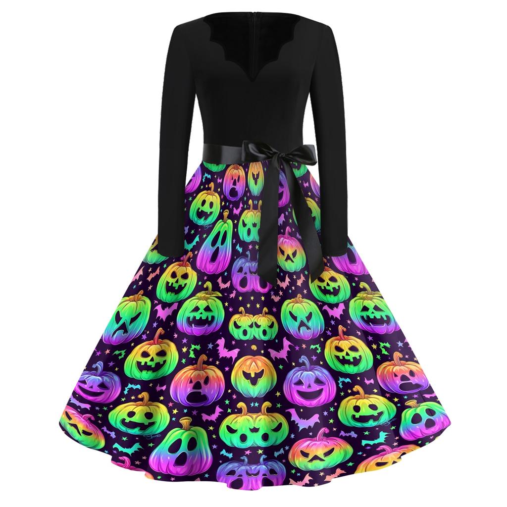 Womens Casual Halloween Print V Neck Vintage Dress Long Sleeve A Line Retro Style Midi Dress with Waist Tie