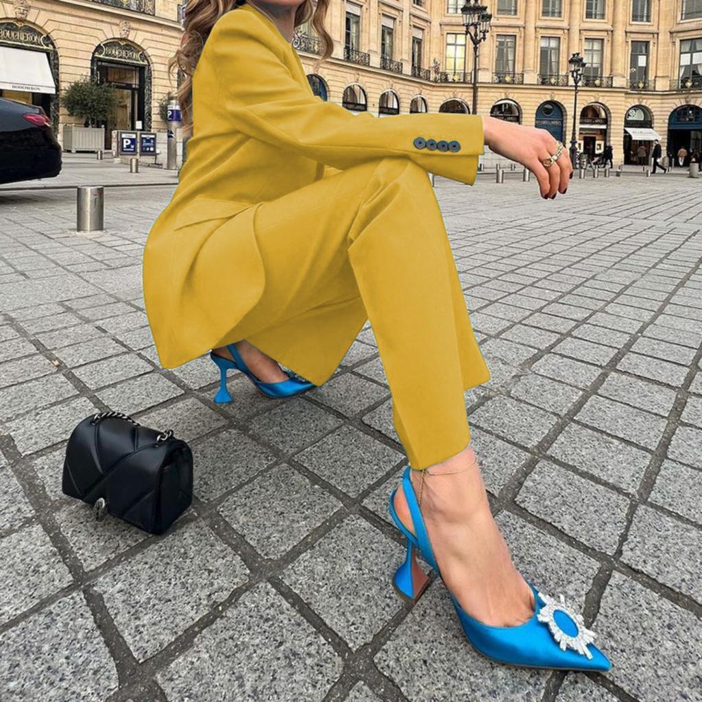 Damen lockerer Zweiteiler Anzug Langarm Blazer Hohe Taille Weite Hosen Einfaches Büro Kombinationsset