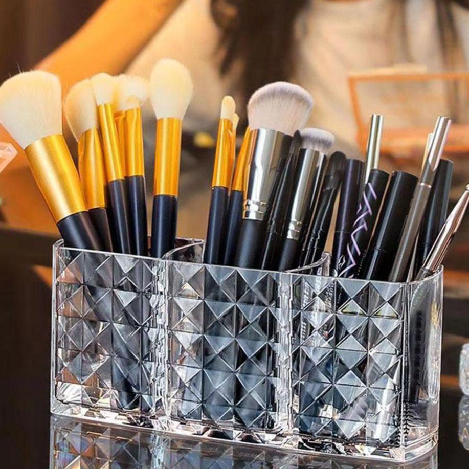 Acryl Make-up Opbergcontainer met Diamantpatroon - 3 Vaks Pennenhouder, Wenkbrauwpotlood & Make-up Kwasten Organizer - Transparant