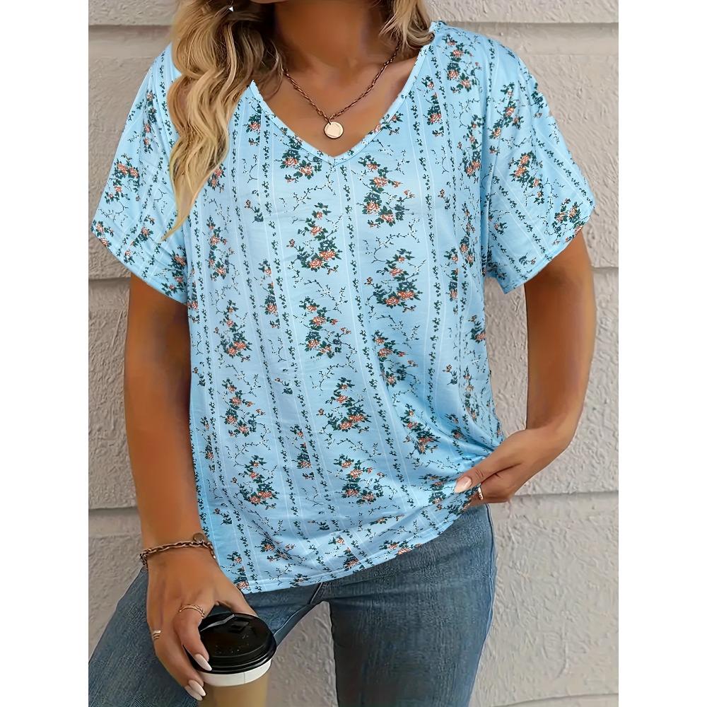 T-shirt Women's Summer Casual Elegant V-neck Short Sleeve Retro Floral Top Loose Casual Wear Ladies T-shirt
