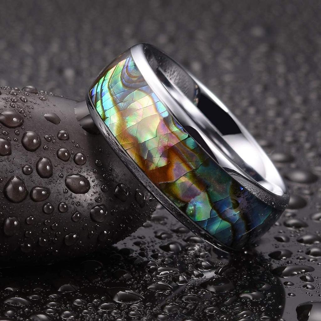 Fashion Men Stainless Steel Rings Inlay Rainbow Abalone Shell Rings For Men Women Wedding Engagement Band Jewelry