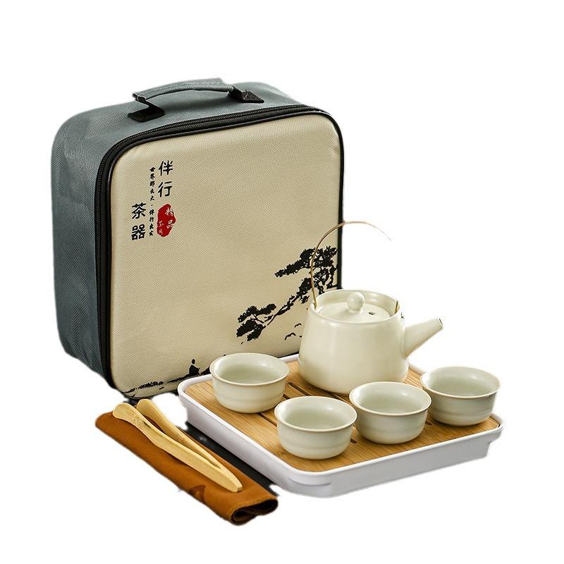 All the best travel tea set beige Ru kiln retro ceramics outdoor portable express cup kung fu business gifts