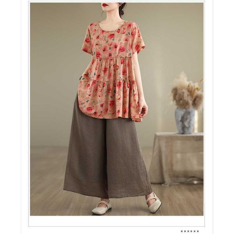 Neues bedrucktes gespleißtes Baumwollleinen Kurzarm-T-Shirt Lockeres Oberteil für Damen