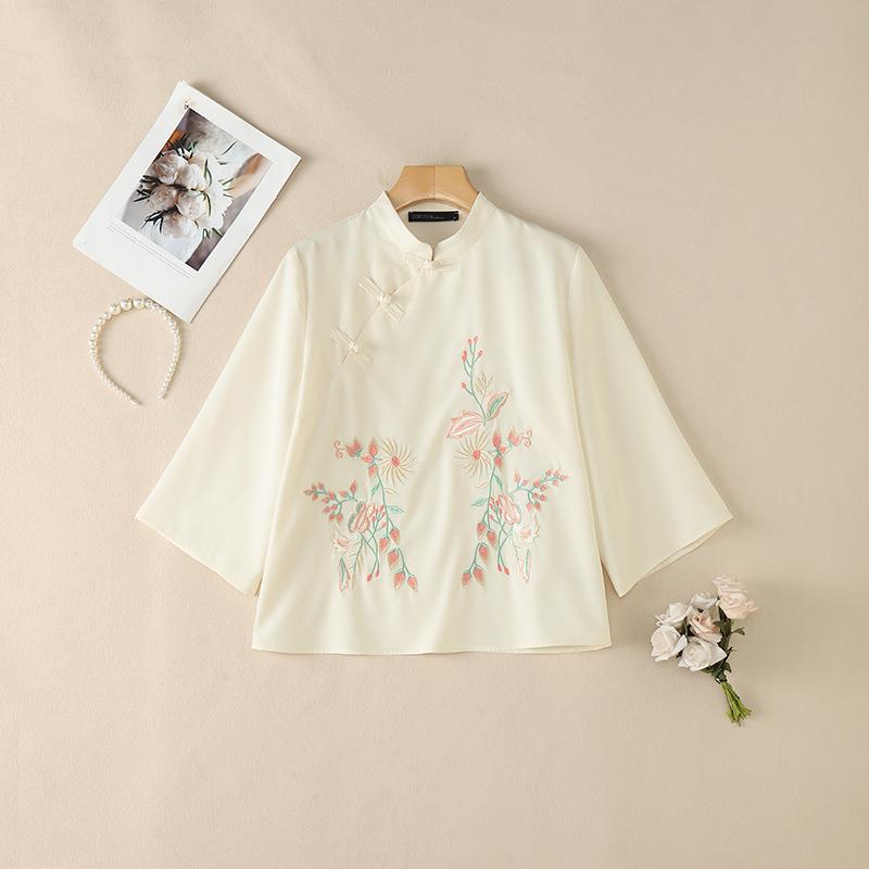 ZANZEA Women Floral Embroidery Casual Stand Collar 3/4 Sleeve Blouse M
