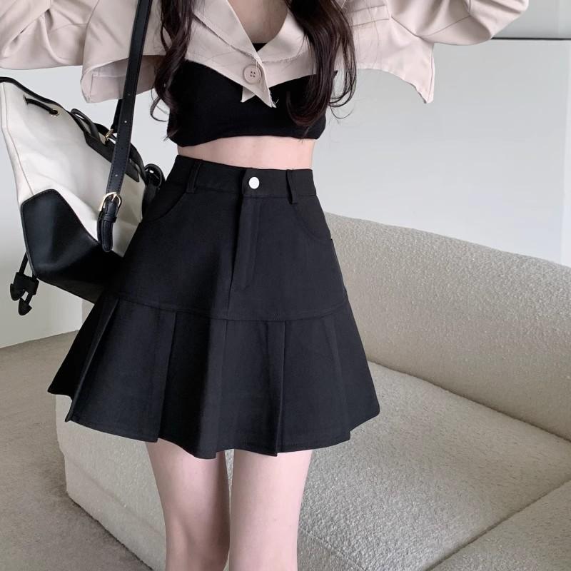 Women's Spring Autumn Pleated JK Short Skirt Petite A-Line Stylish Design Casual Design-forward Slimming All-match Versatile Skirt
