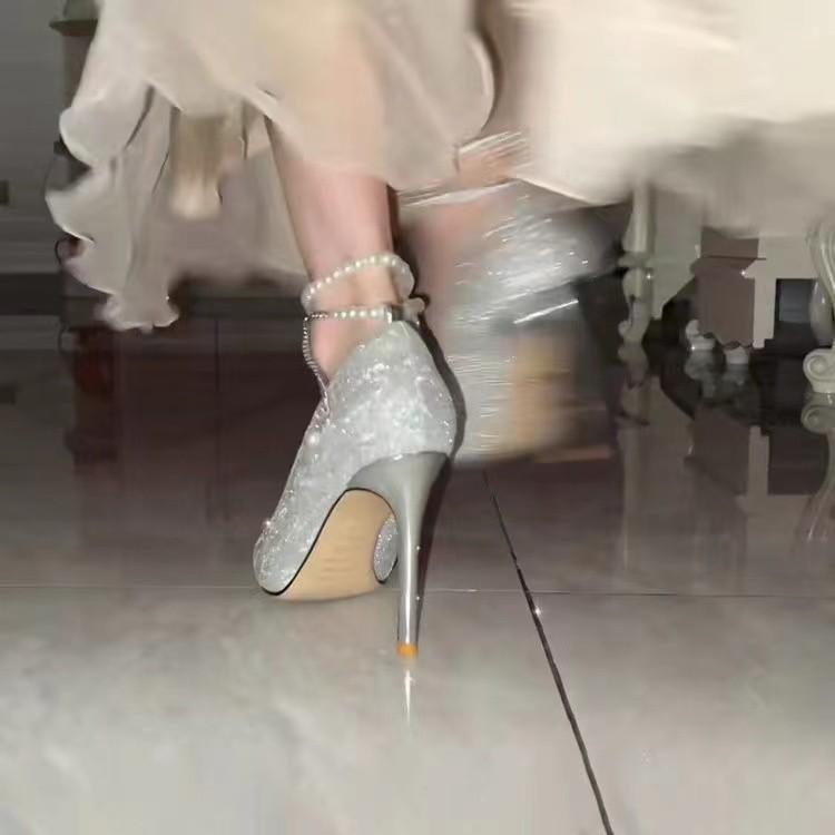 Bridal wedding shoes female lead wedding dress pearl straps high-end crystal shoes can usually wear silver high heels stiletto shoes