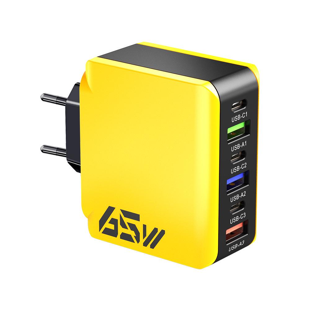 65W Multi-port Charger: 3 PD + 3 USB Ports, Compatible with US/EU/UK Standards, C Port Adapter