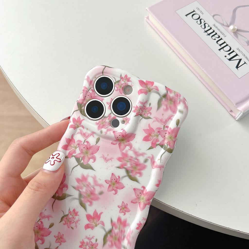 Japanese and Korean smudged pink flowers for iPhone16promax Apple 15 mobile phone case 14/13 wave case IMD