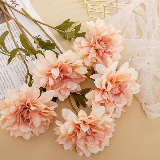 Artificial Flower Realistic Delicate Home Party Ornament Solid Color Fake Dahlias with Stem for Wedding Celebration