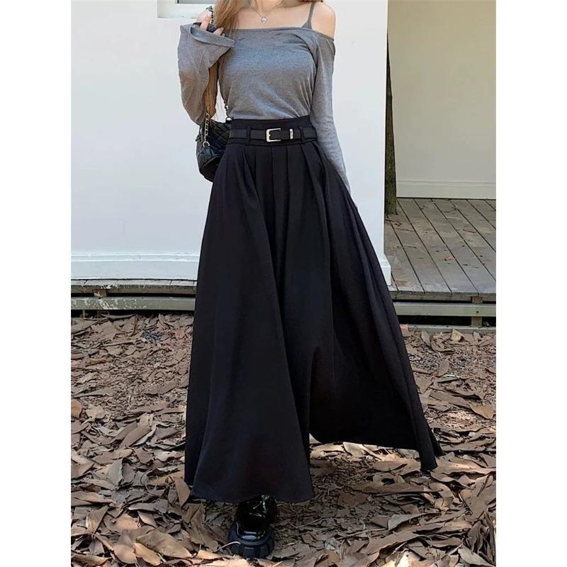 Women High Waist Jupe Korean Pleating Swing Skirt Vintage Fashion Spring Office Falda Holiday Loose Solid Long Skirt
