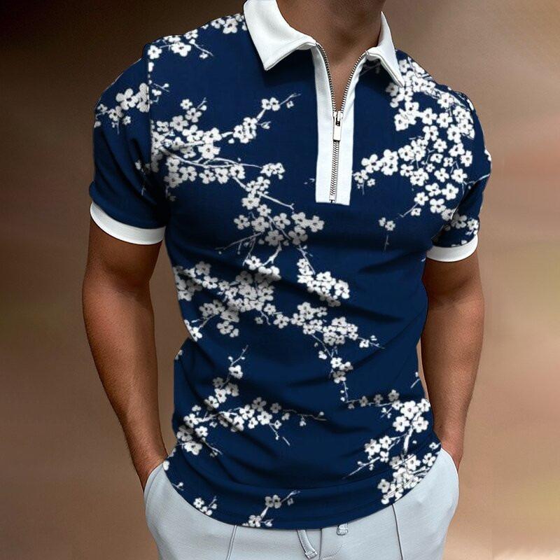 Men S Short Sleeve Polo Shirt Color Block Zip Detail Loose Fit Casual Top
